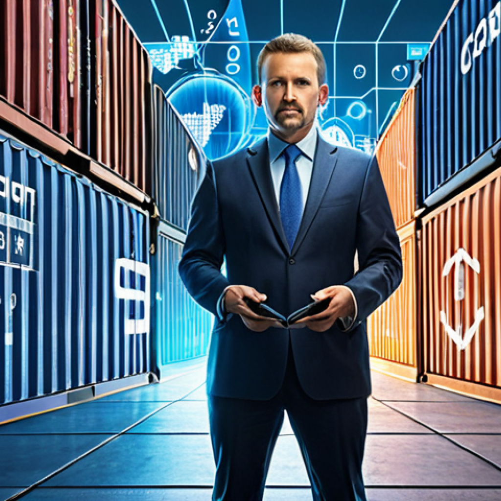 A modern customs agent, confident and sharp, stands amidst a dynamic visual blend of global trade symbols (shipping containers, planes, world map) and glowing holographic interfaces displaying complex data analytics, AI patterns, and secure supply chain networks. Emphasize technological integration, global connectivity, and the dynamic, intelligent nature of international commerce. Futuristic yet grounded, professional lighting.