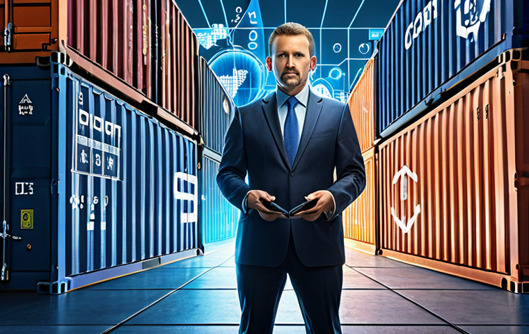 A modern customs agent, confident and sharp, stands amidst a dynamic visual blend of global trade symbols (shipping containers, planes, world map) and glowing holographic interfaces displaying complex data analytics, AI patterns, and secure supply chain networks. Emphasize technological integration, global connectivity, and the dynamic, intelligent nature of international commerce. Futuristic yet grounded, professional lighting.