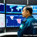 관세사와 관련된 국제 협약 - A modern customs officer in a professional uniform standing confidently in a high-tech customs contr...