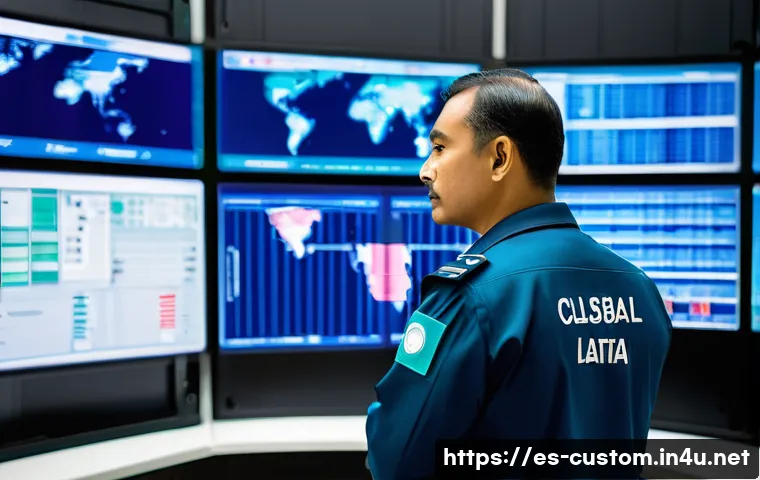 관세사와 관련된 국제 협약 - A modern customs officer in a professional uniform standing confidently in a high-tech customs contr...