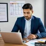 관세사로서의 시간 관리 비법 - A modern office workspace with natural lighting, featuring an ergonomic chair and a tidy desk organi...