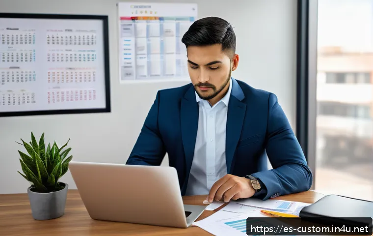 관세사로서의 시간 관리 비법 - A modern office workspace with natural lighting, featuring an ergonomic chair and a tidy desk organi...